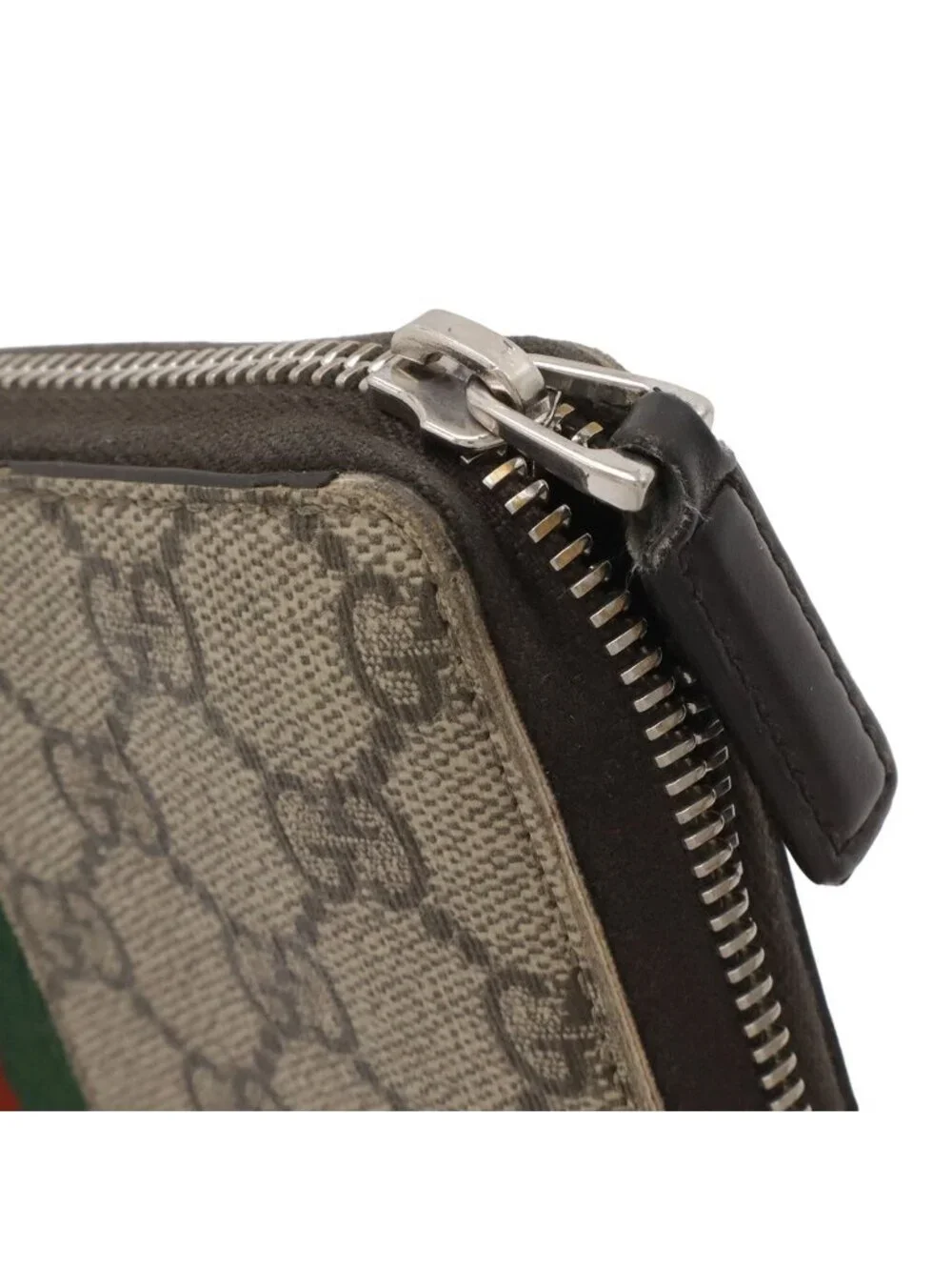 Gucci GG Supreme Sherry Line Web Zip Around Wallet Leather Khaki Beige Dark